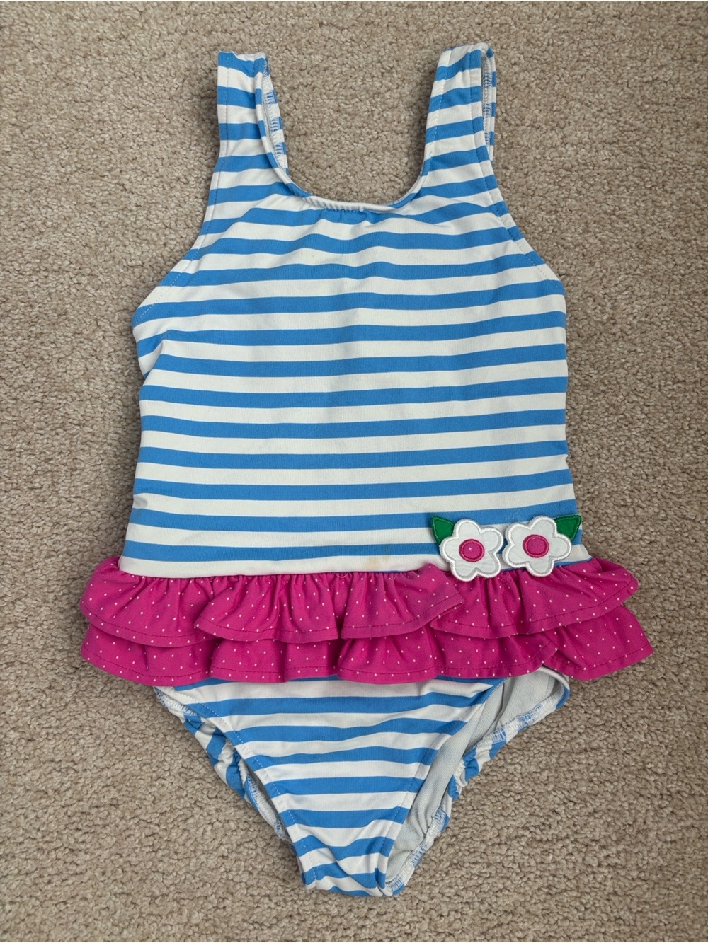 Florence Eiseman blue striped swimsuit with pink ruffles & flower details, 6x